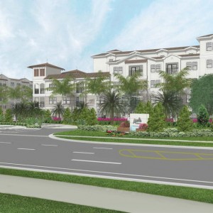 Alternate view rendering of a building complex.