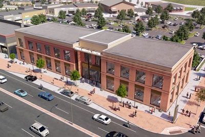 Drone view of a building rendering.