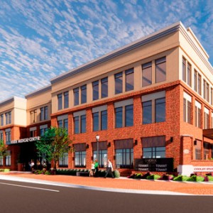 An exterior view of a mockup for a medical brick center building.