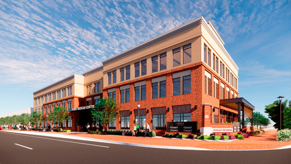 An exterior view of a mockup for a medical brick center building.