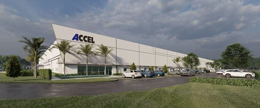 A color photograph featuring a realistic rendering of the Accel building with cars in the parking lot.